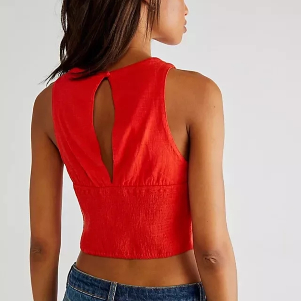 NWT Free People Sneak A Peek Top Smocked Cutout Sleeveless Blouse Cherry Hearts - Picture 3 of 6